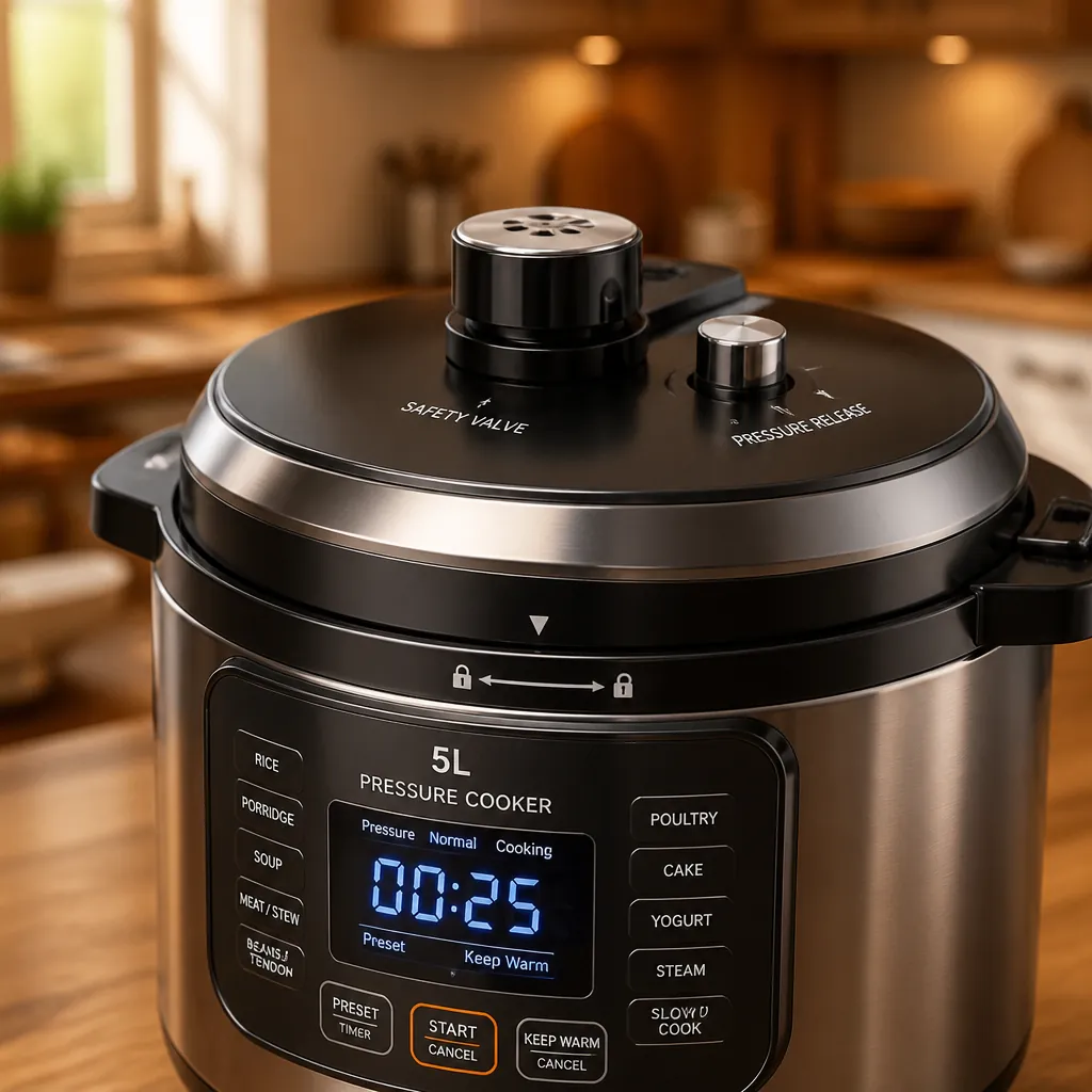 Close-up of the smart pressure cooker's safety valve and pressure release mechanism in a warm family kitchen, showing premium build quality and modern design with soft ambient lighting