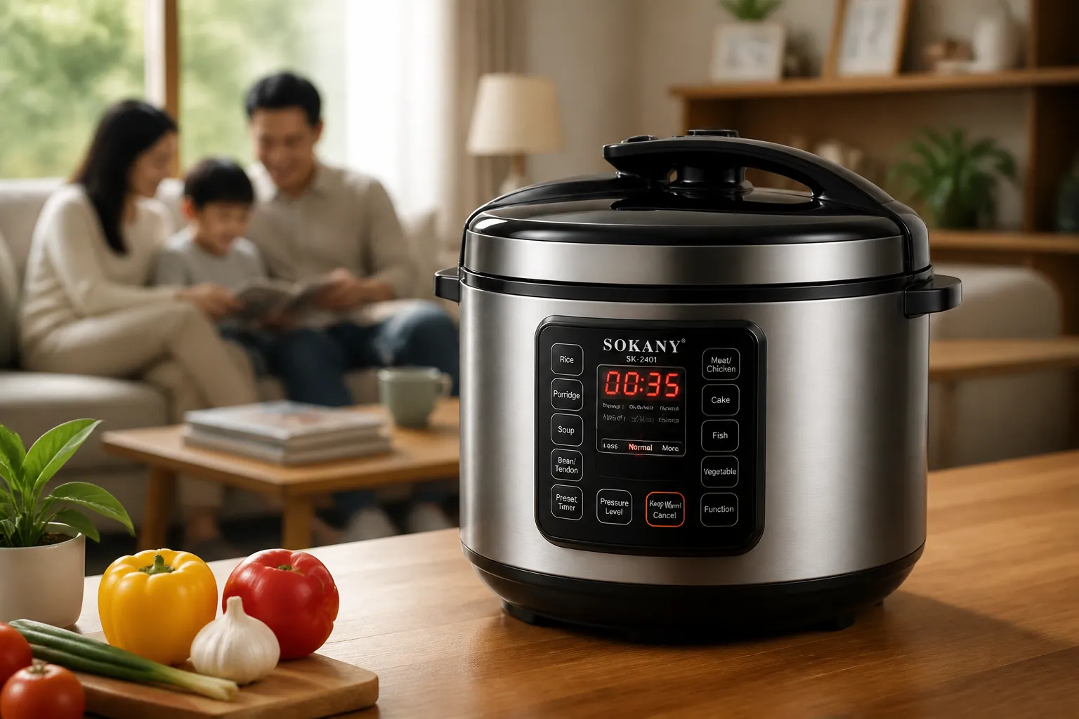 Elegant LCD display countdown timer on the pressure cooker showing hours remaining, with a cozy living room background of family relaxing