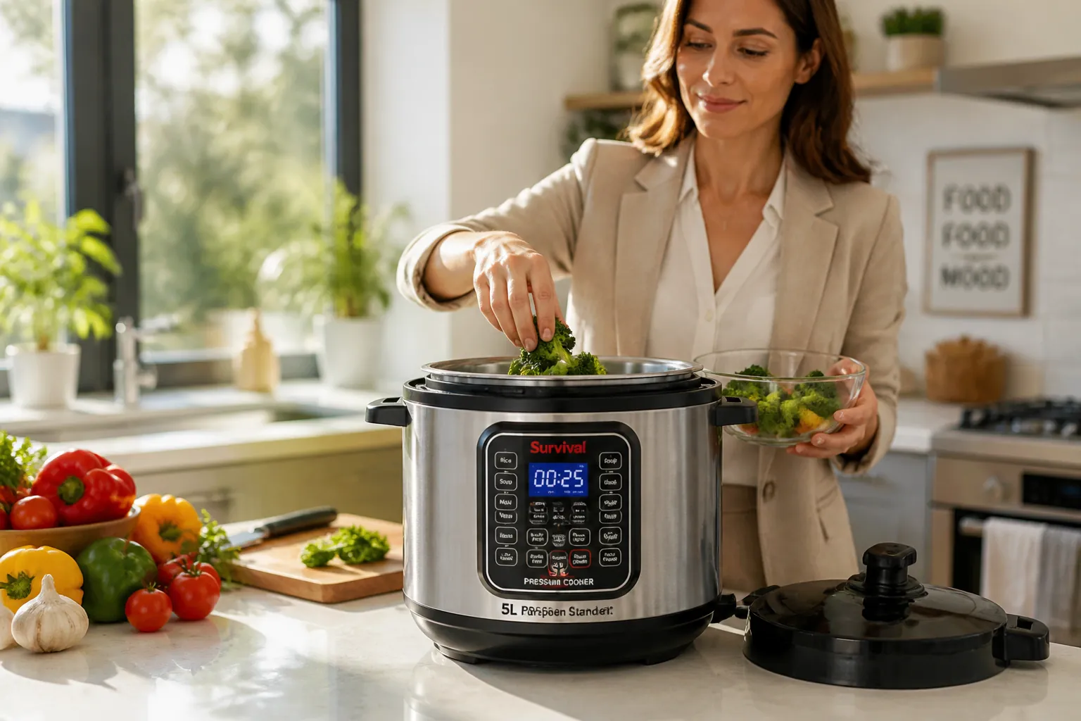 Busy professional in the early morning placing fresh ingredients into the pressure cooker in a bright modern kitchen with sunlight streaming through the window