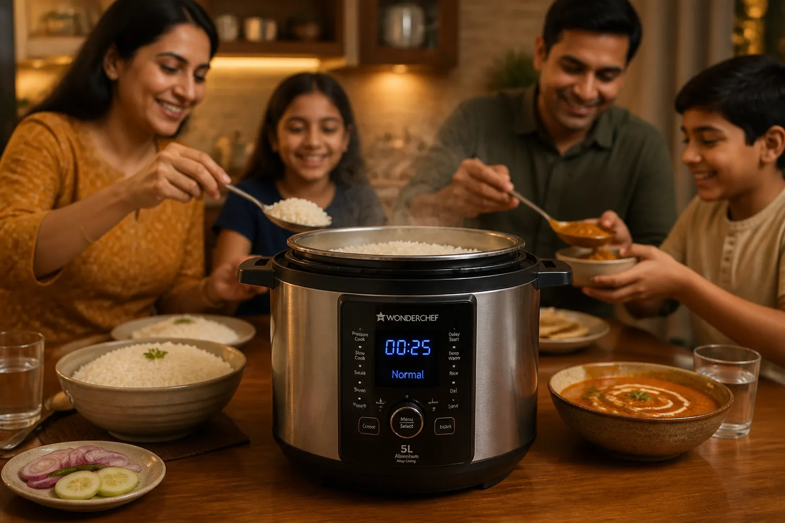 Happy Indian family gathered around a dining table with a steaming pot of perfectly cooked rice and curry, warm kitchen lighting