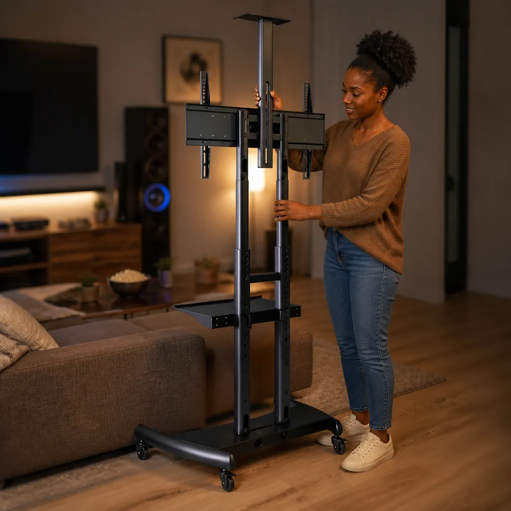 Modern home theater setup with Universal Mobile TV Stand in a cozy living room with ambient lighting and surround sound speakers