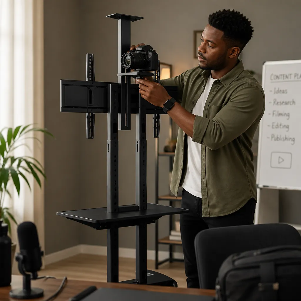 Content creator workspace with mobile TV stand featuring camera holder for recording YouTube videos and online presentations