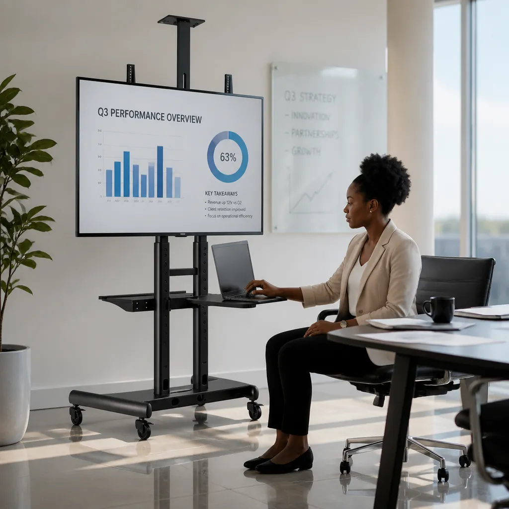 Professional conference room with mobile TV stand for presentations and team meetings with laptop on accessory shelf