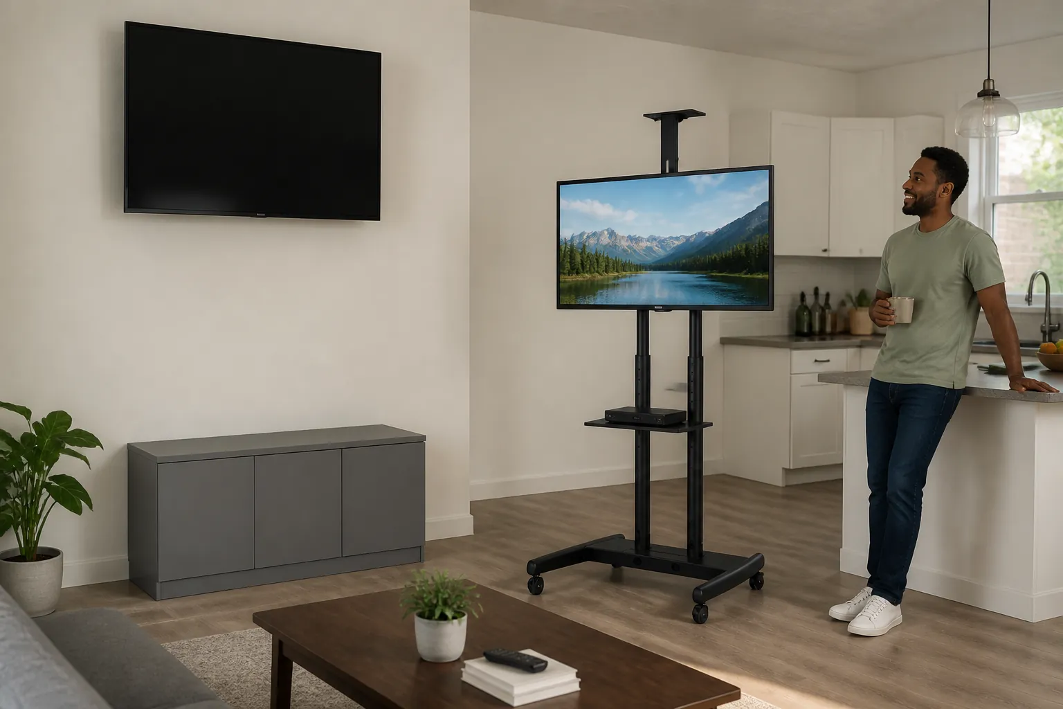 Raj's living room before with TV mounted high on the wall causing neck strain and awkward viewing angles from kitchen