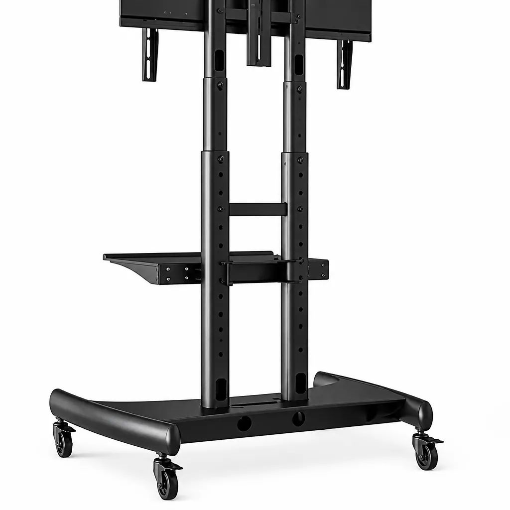 Close-up view of Universal Mobile TV Stand showing the height adjustment mechanism with smooth rolling wheels and stable weighted base