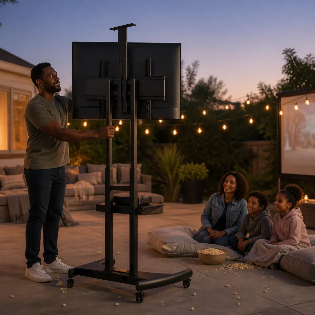 Outdoor backyard movie setup with mobile TV stand rolled onto patio for family movie night under the stars