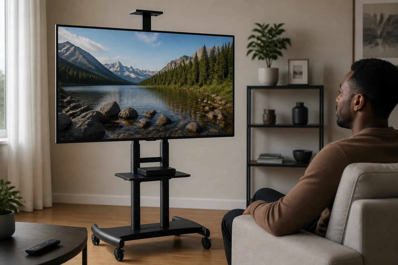 Raj's living room after with sleek Universal Mobile TV Stand at perfect eye level with smooth rolling wheels visible