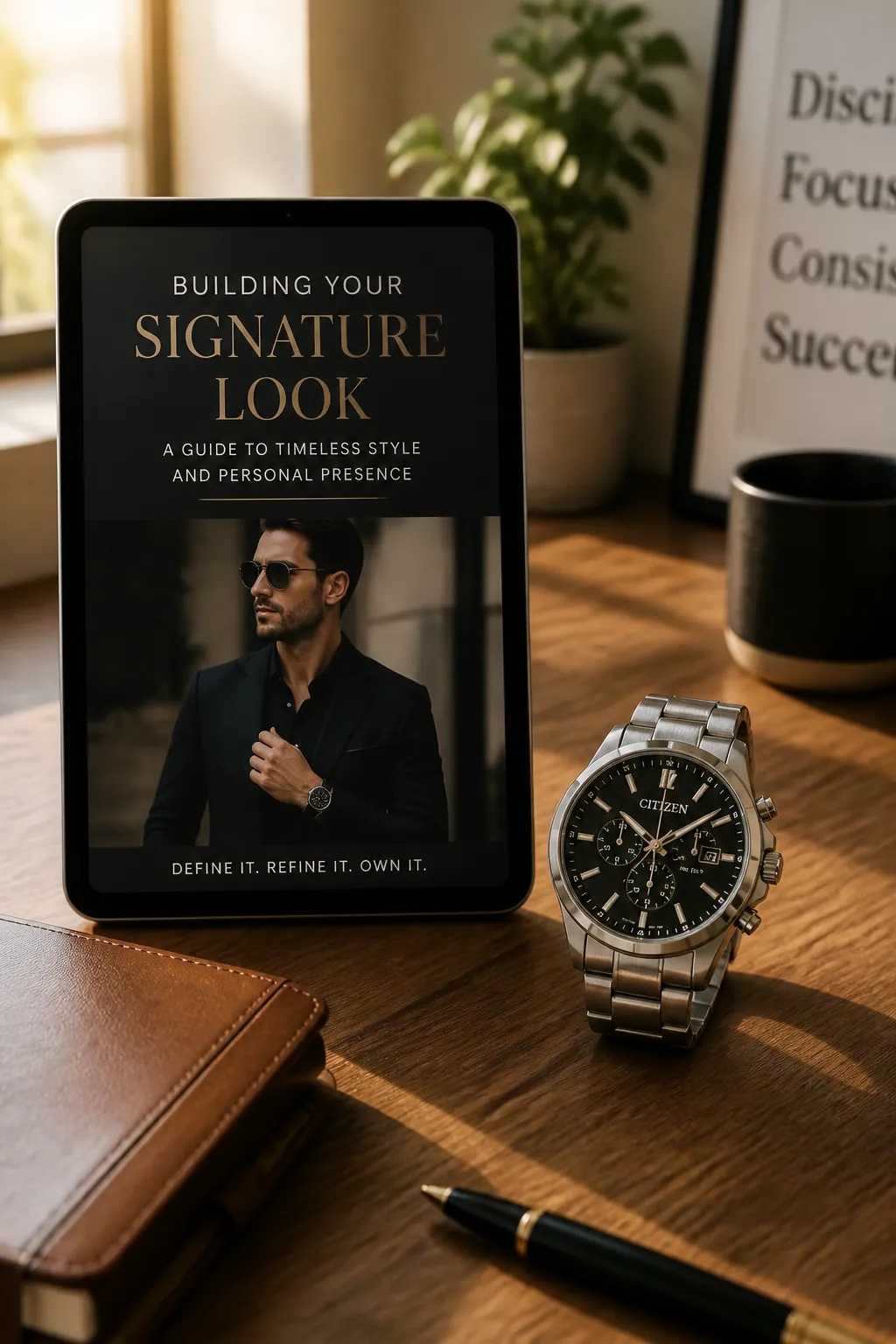 Elegant ebook mockup showing the cover of Building Your Signature Look guide with sophisticated watch collection imagery
