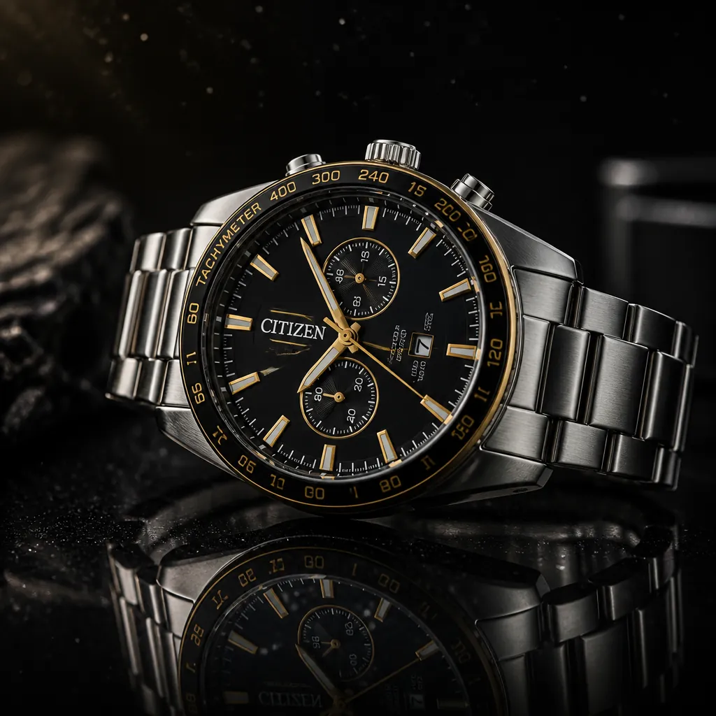Premium Citizen chronograph watch with sleek black dial and gold accents displayed on a sophisticated dark background with dramatic lighting