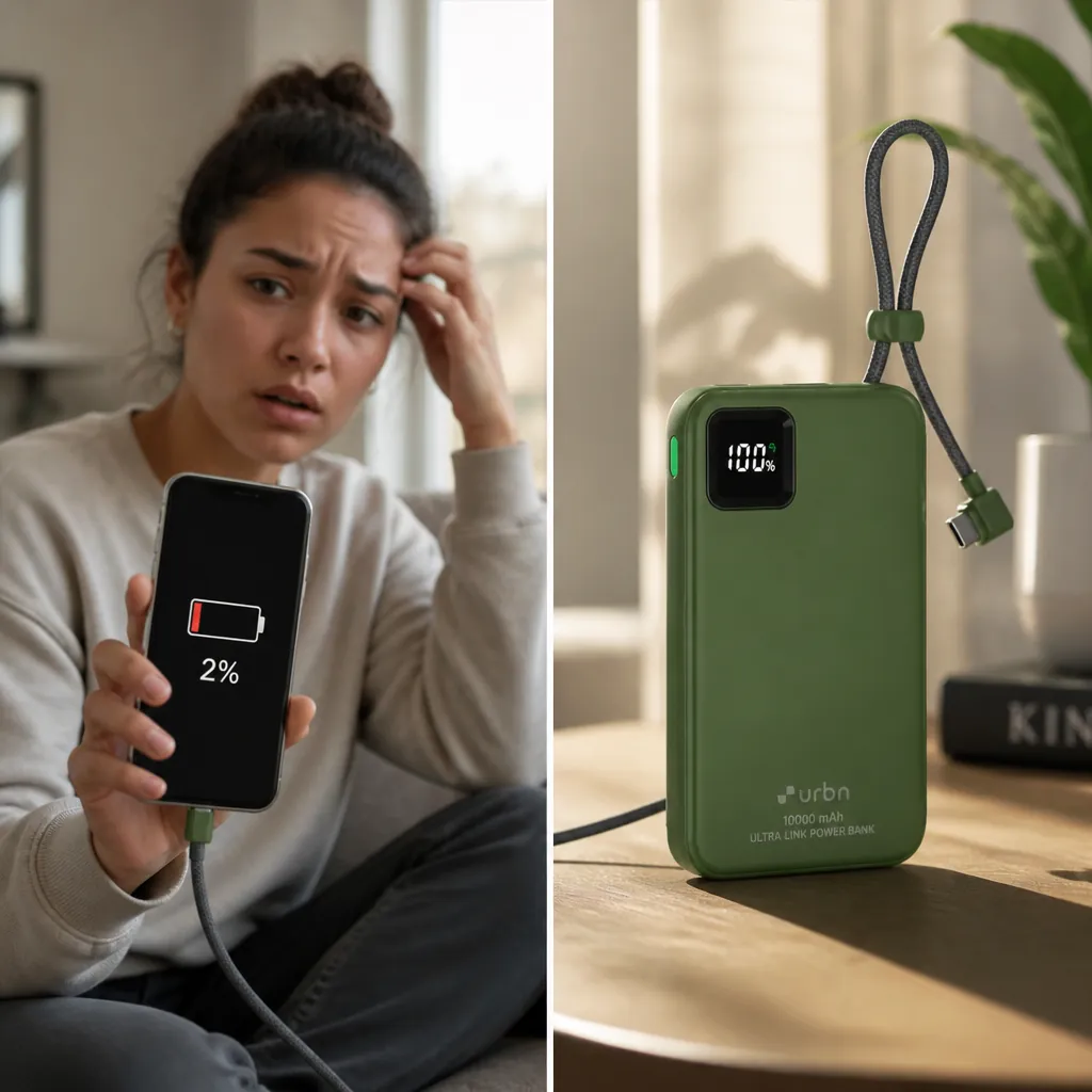 Split screen showing phone at 2% battery with worried expression on left, and the Ultra Link Power Bank powering it up on right with confident styling