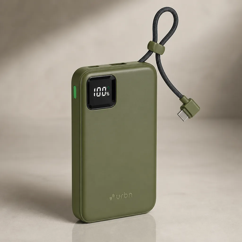 Premium 10000mAh Ultra Link Power Bank with extended built-in Type-C cable, sleek modern design, displayed on neutral background with soft professional shadows