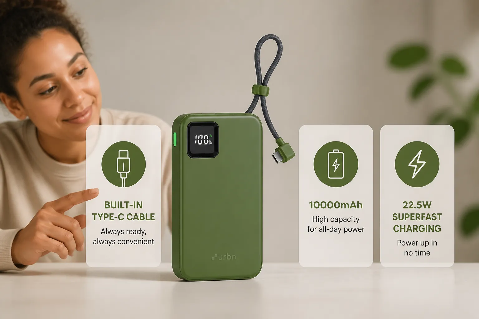 Three-column layout featuring the key power bank features: built-in Type-C cable convenience, 10000mAh charging capacity, and superfast charging speed displayed with modern iconography