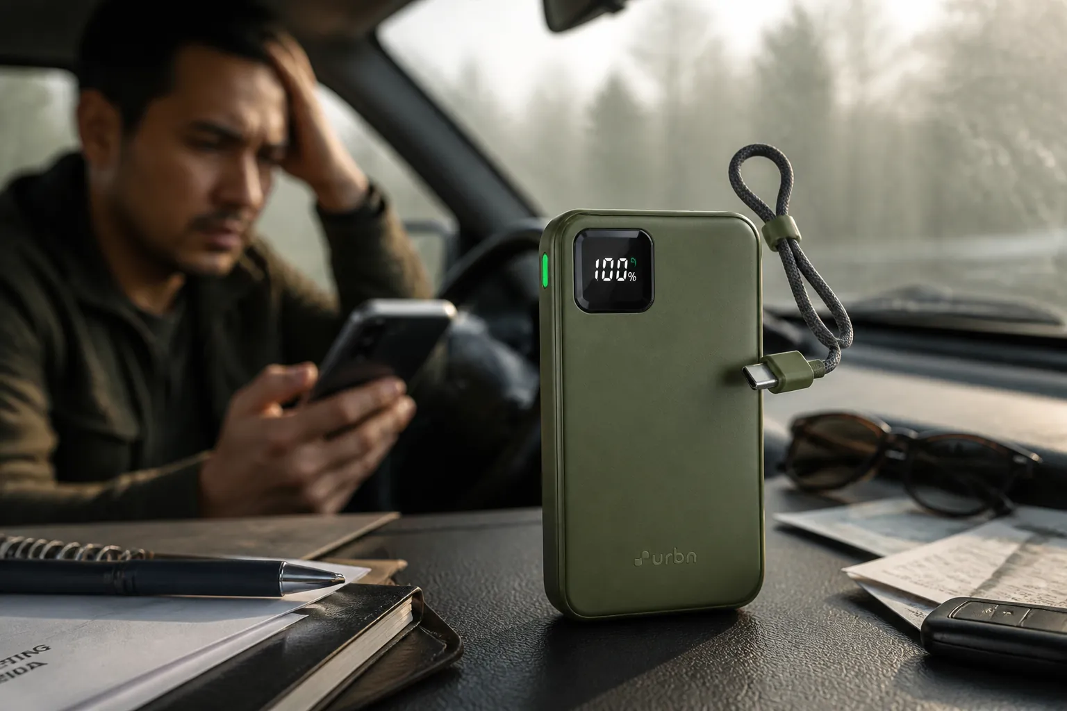 Comprehensive illustration depicting all five critical phone battery failure scenarios: being stranded without navigation, missing important calls, losing saved addresses, missing photo opportunities, and failing emergency contacts