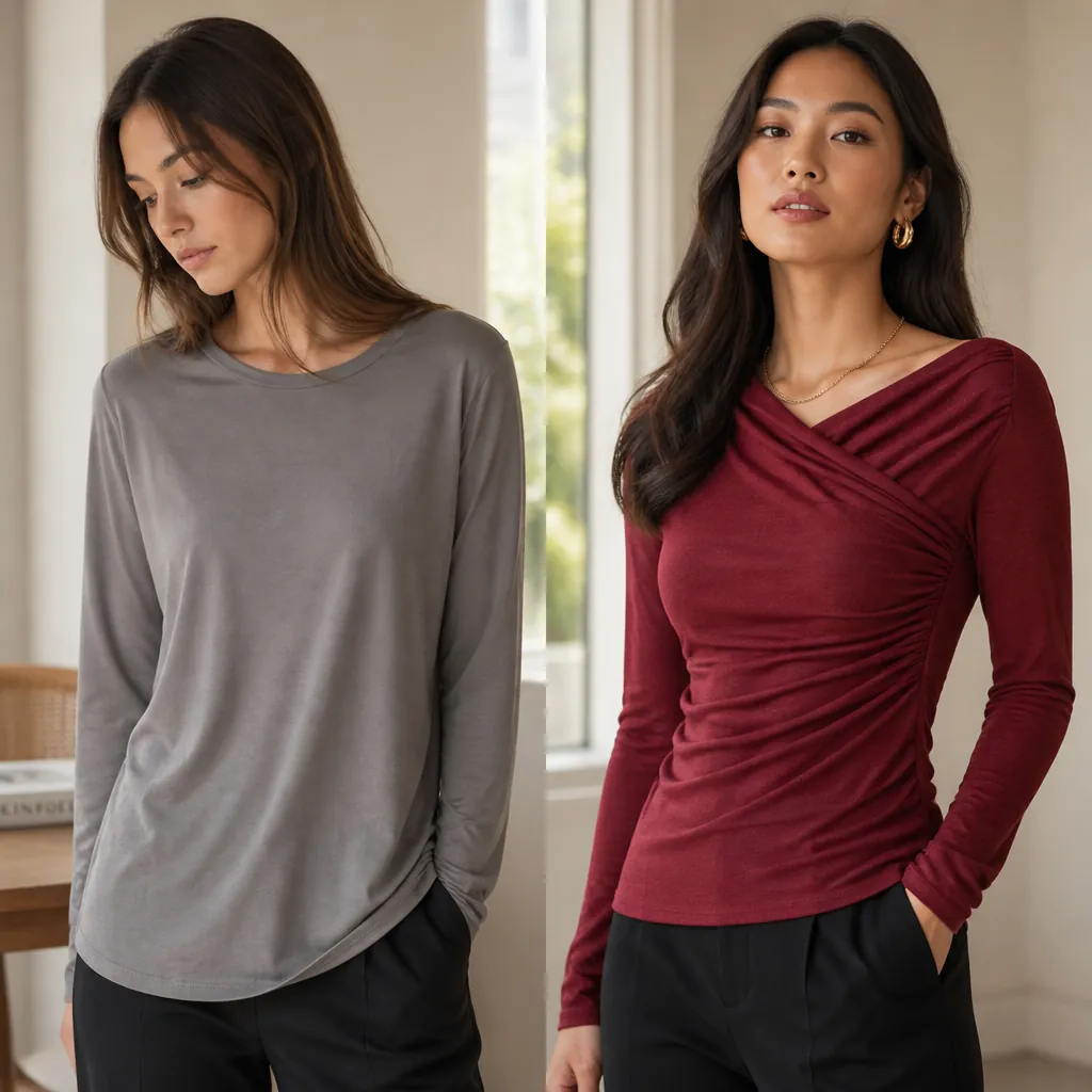 Split comparison showing transformation from ordinary styling to elegant draped surplice top look with confident posture