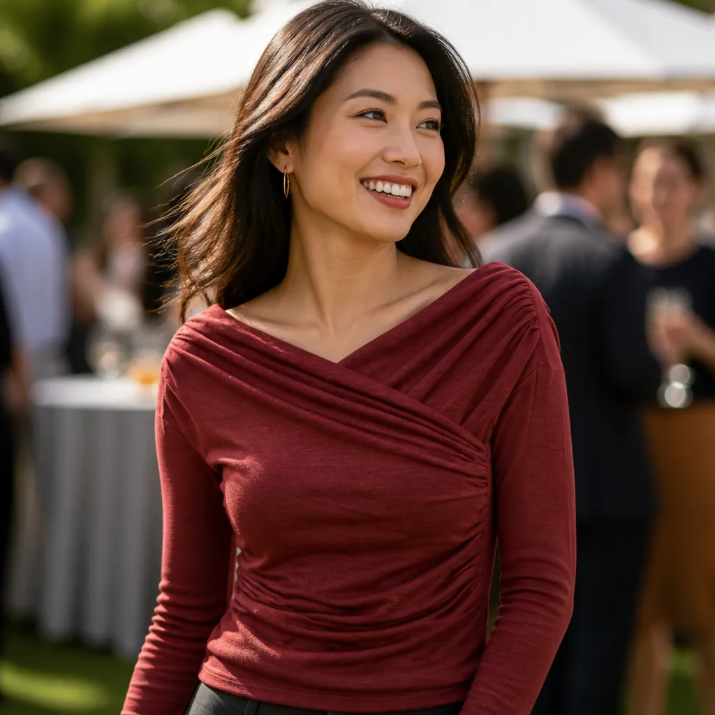 Confident woman wearing red draped surplice top at outdoor event smiling