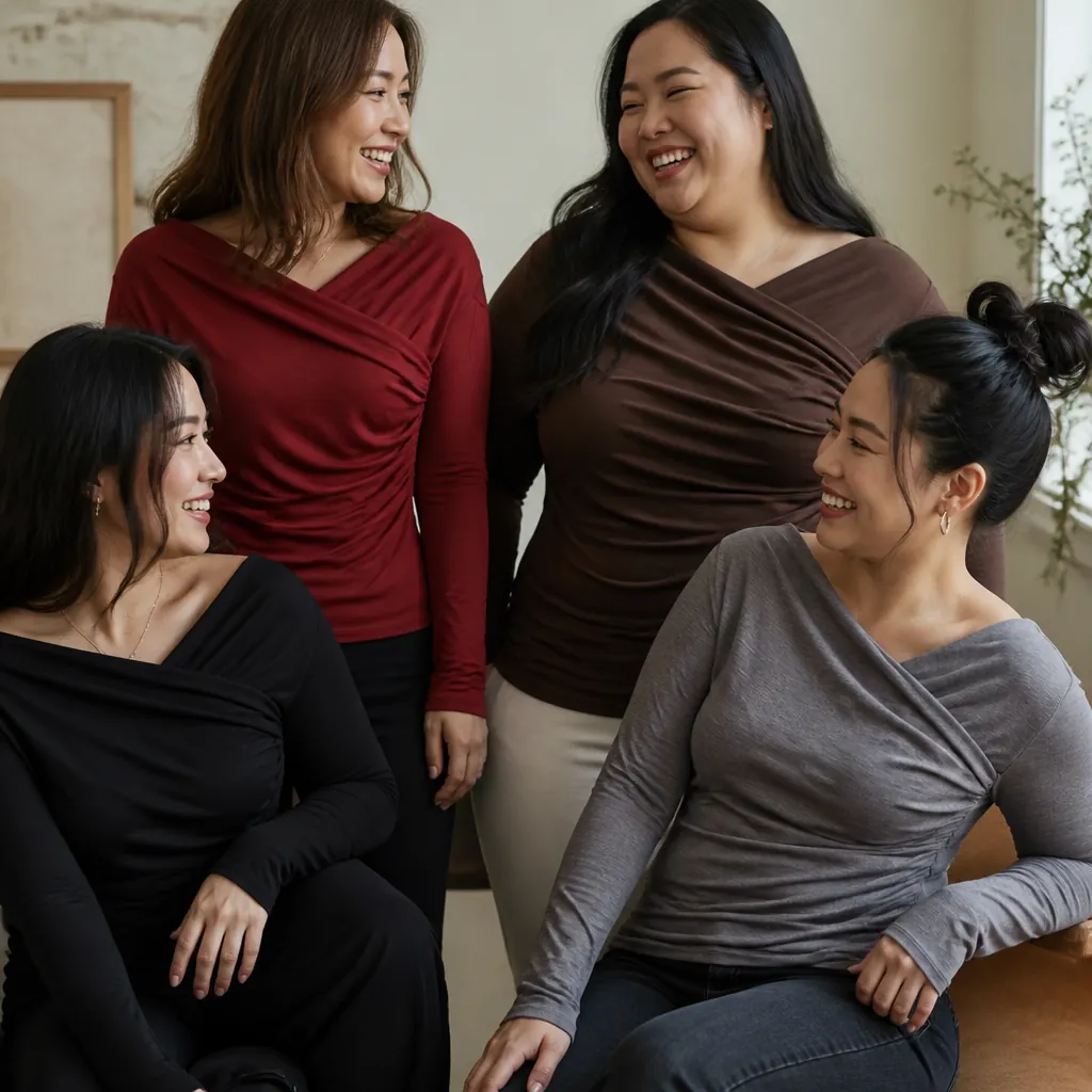 Diverse group of women in various sizes wearing draped surplice tops showing inclusive sizing range