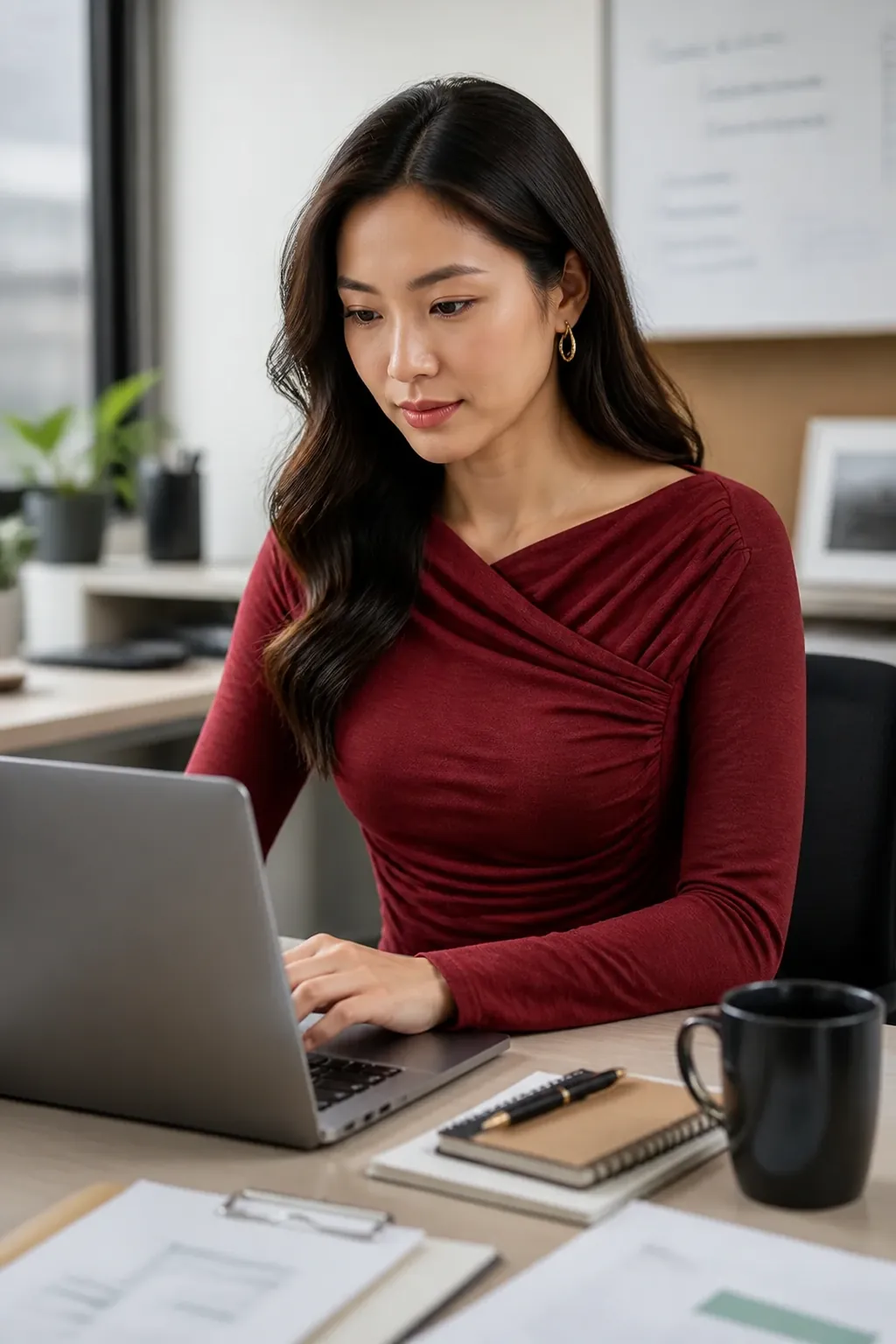 Professional woman wearing draped surplice top in office setting during morning meeting with laptop