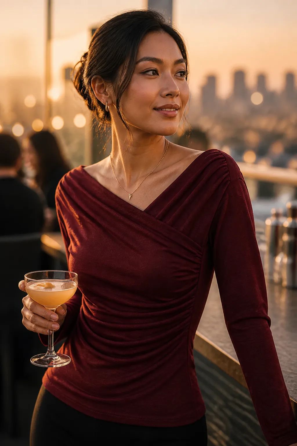 Elegant woman in draped surplice top holding cocktail glass at rooftop bar during golden hour
