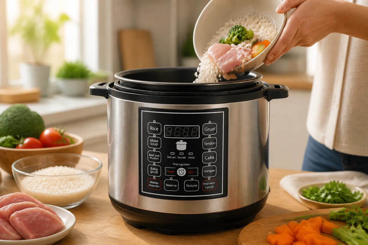 Fresh ingredients including rice, vegetables, and protein being added to the pressure cooker inner pot