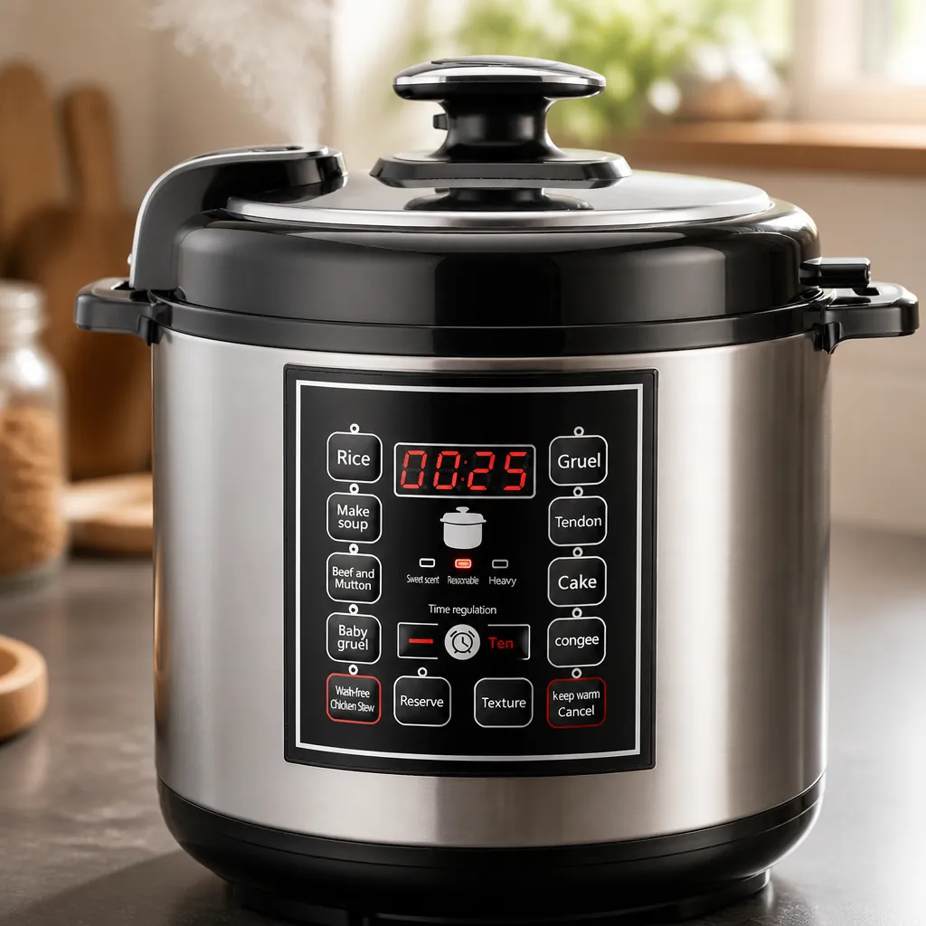 Close-up of pressure cooker safety valve and locking mechanism showing premium build quality