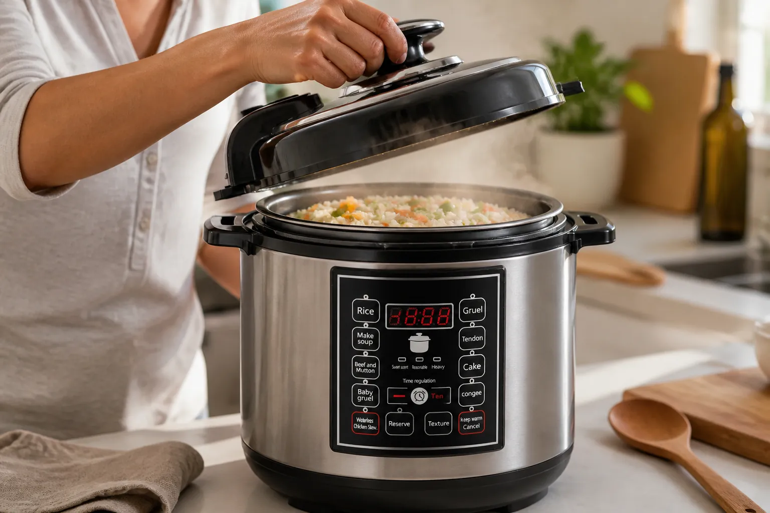 Steaming perfectly cooked rice and vegetables in the pressure cooker ready to serve