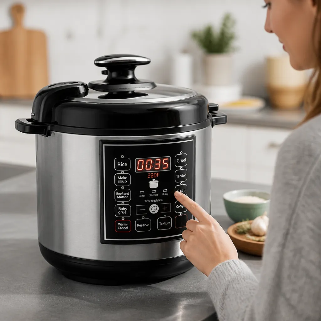 Modern smart pressure cooker with digital display showing timer and temperature settings on a sleek kitchen counter