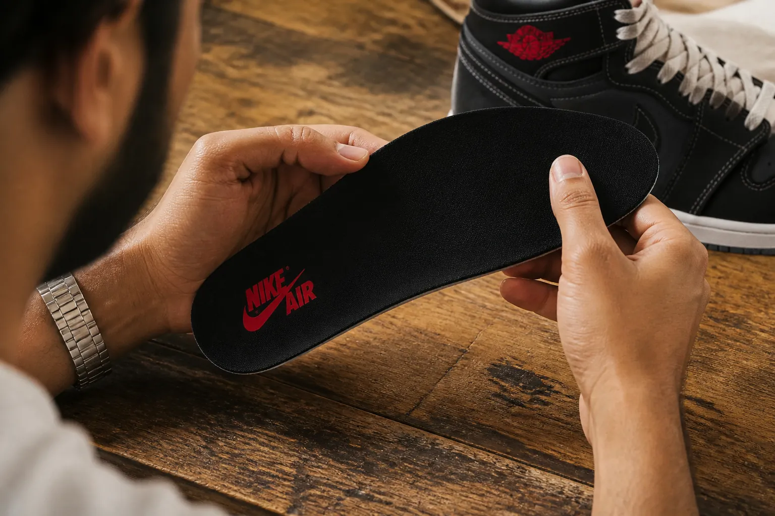 Detailed shot of Nike Air branding on the insoles showing premium cushioning technology and authentic labeling
