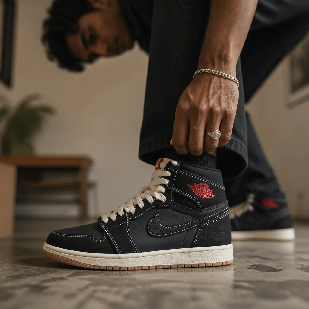 After transformation showing the same person styled confidently with Air Jordan 1 Flight Club radiating charisma and style