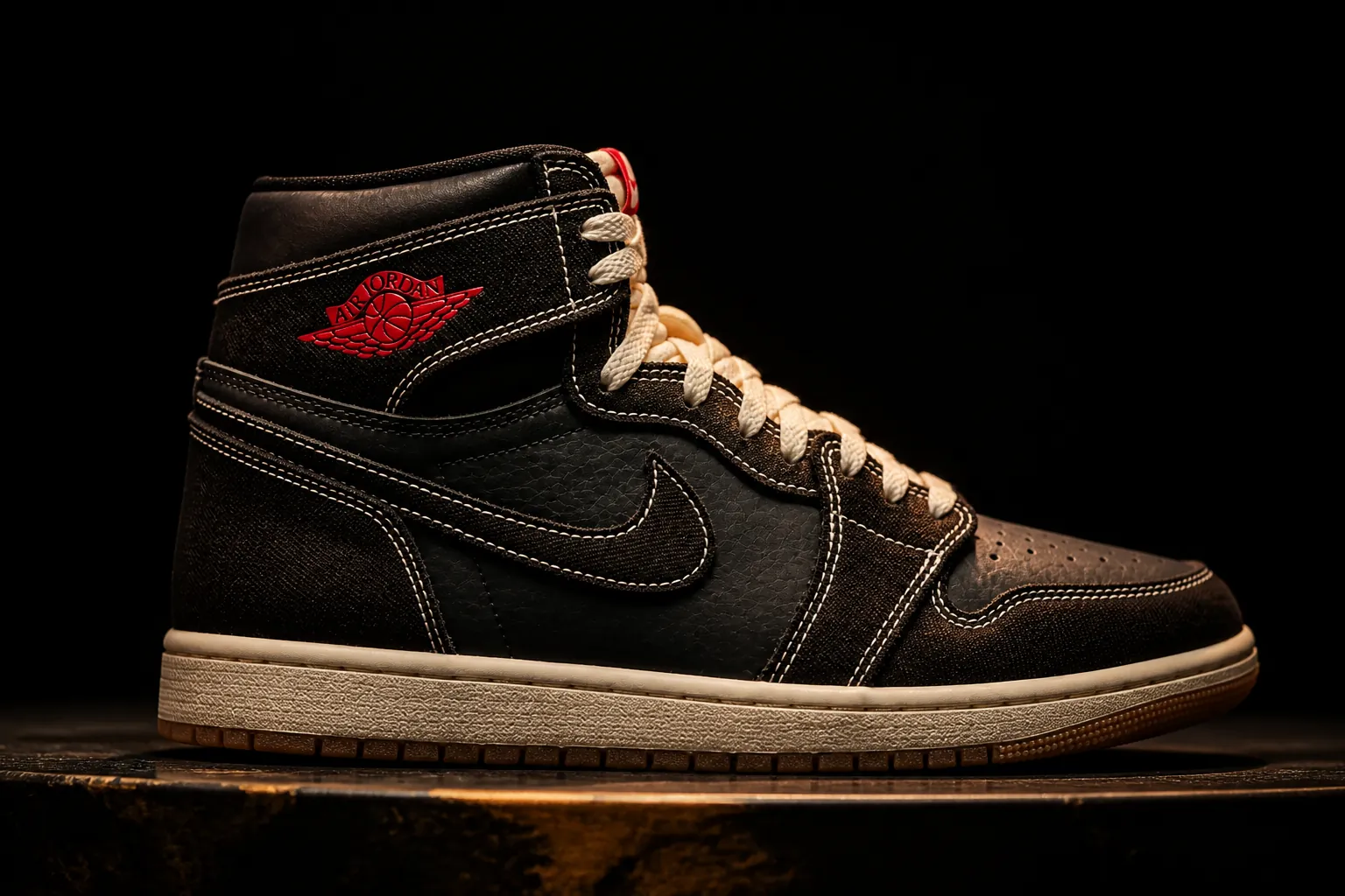 Dramatic cinematic shot of Air Jordan 1 Flight Club on premium display with moody dramatic lighting and gold accent reflections