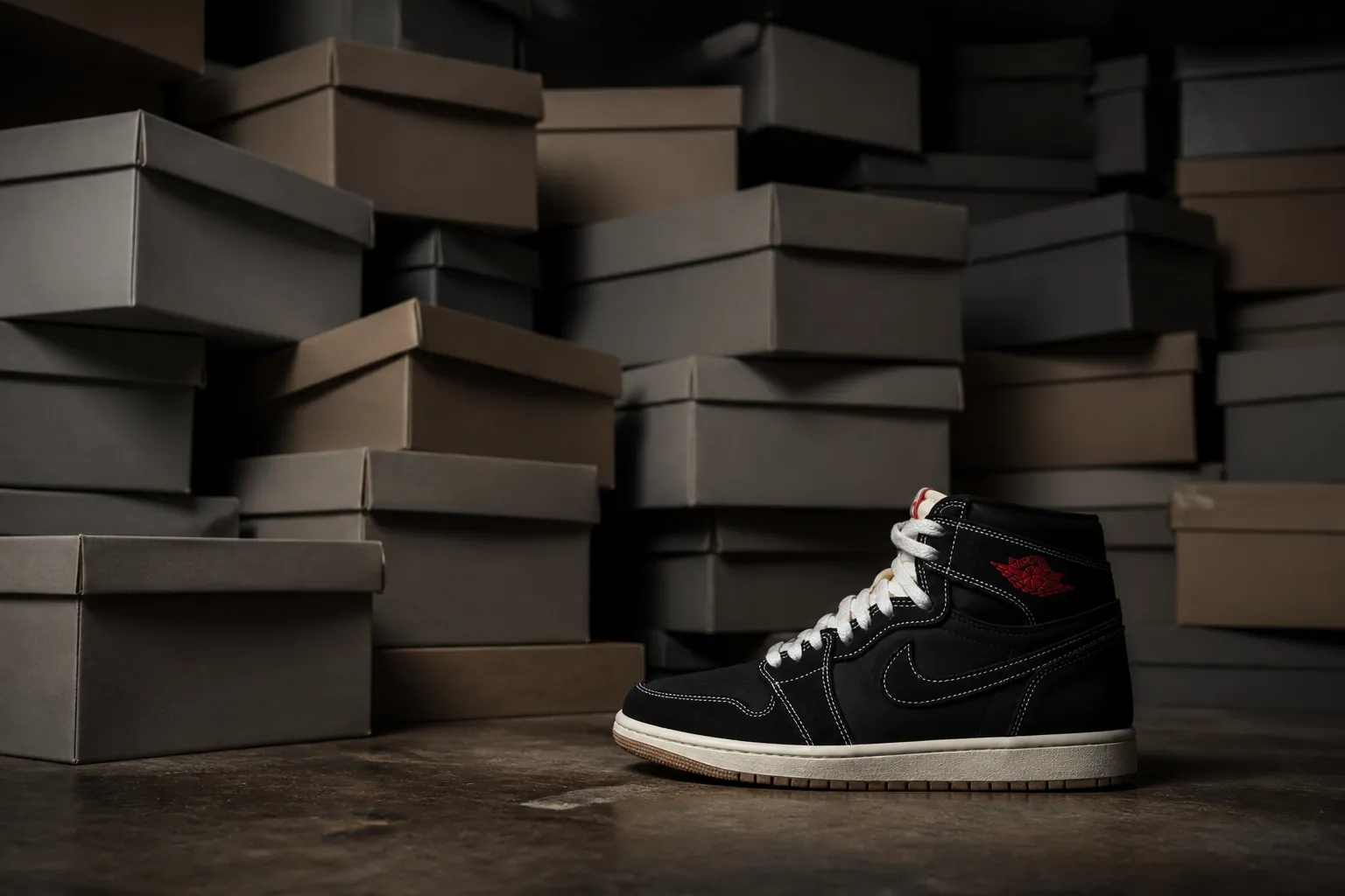 Messy collection of Jordan shoe boxes stacked in a dimly lit room representing years of failed sneaker hunt attempts