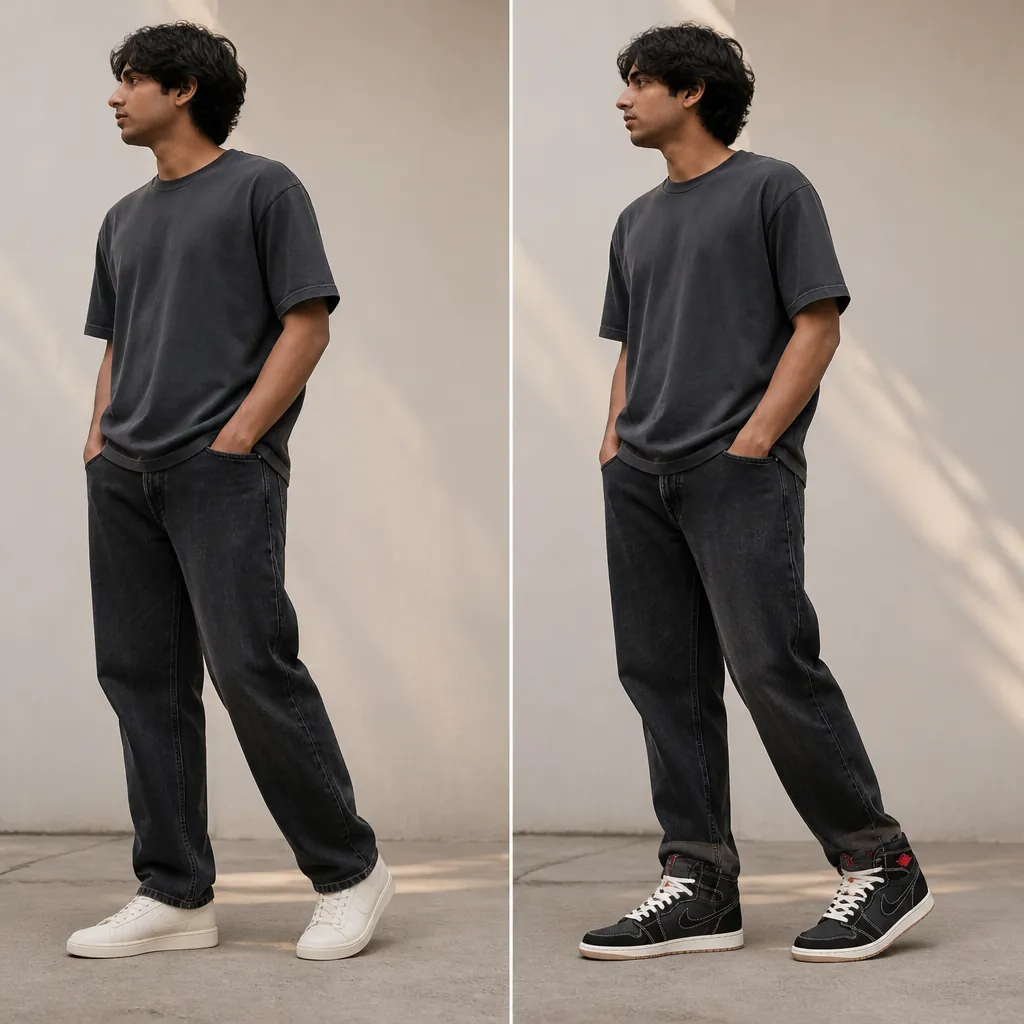 Before transformation showing a person in casual everyday outfit with plain sneakers looking ordinary