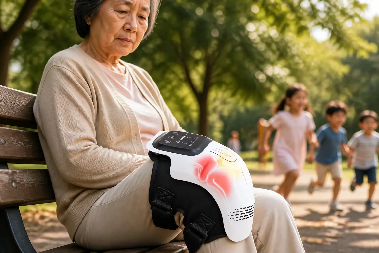 Grandparent sitting on bench looking sad while grandchildren play in the park, missing out on activities due to knee discomfort