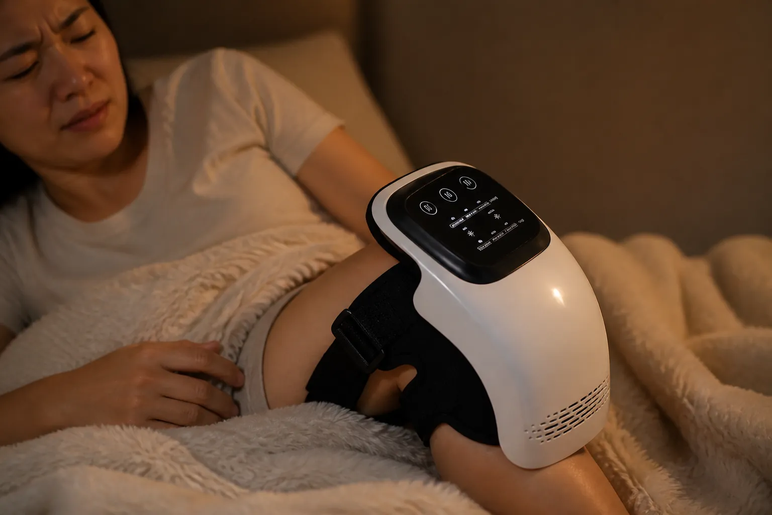 Person tossing in bed at night, clutching their knee, unable to sleep comfortably due to chronic pain