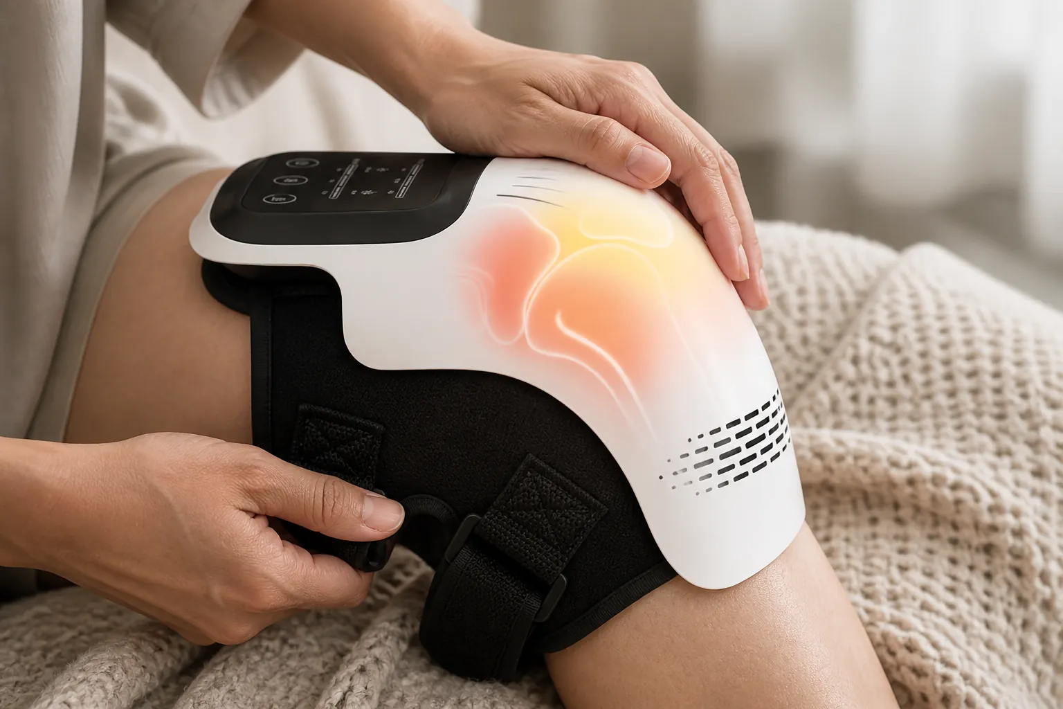Close-up of person's hand holding the intelligent knee massager over a painful knee, with warm therapeutic light radiating from the device providing relief