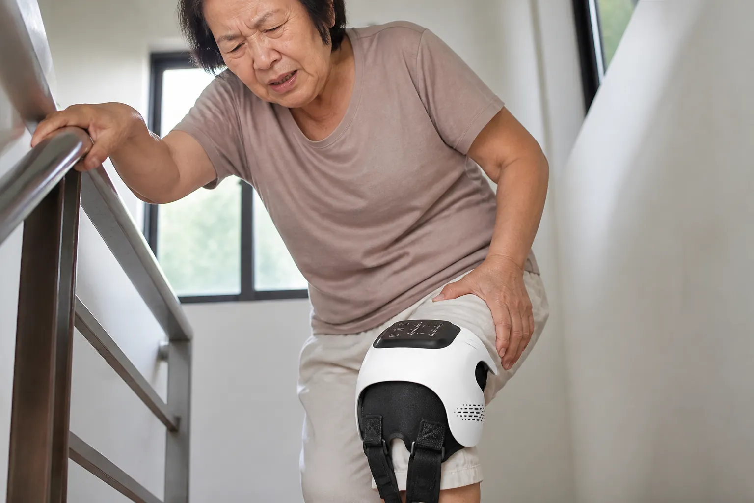 Elderly woman gripping the stair railing with frustrated expression, visibly struggling to climb steps due to knee pain