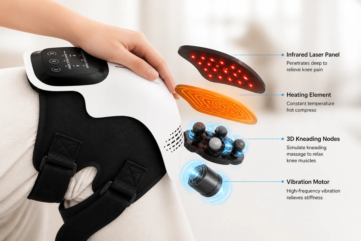 Exploded view diagram of the intelligent knee massager showing infrared laser panel, heating element, 3D kneading nodes, and vibration motor with labeled components