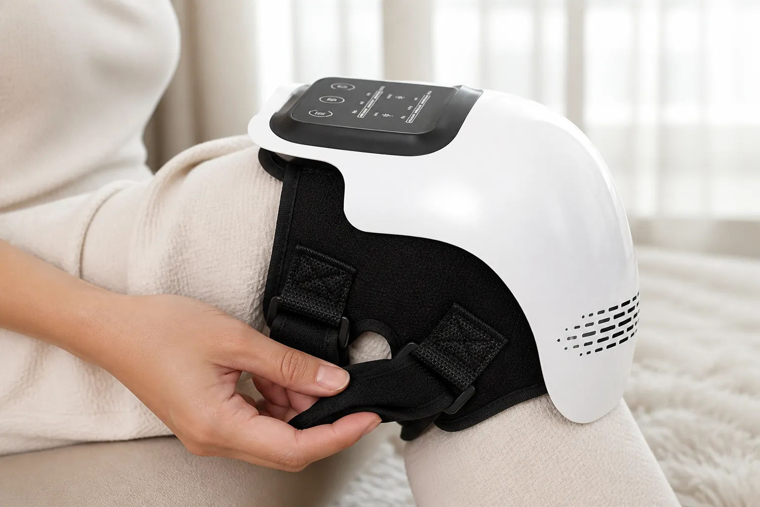 Step 1 illustration showing a person easily strapping the adjustable knee massager onto their knee with comfortable velcro closure