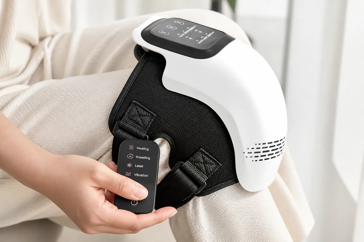 Step 2 illustration showing the wireless remote control with clear mode buttons for heating, kneading, laser, and vibration therapy options