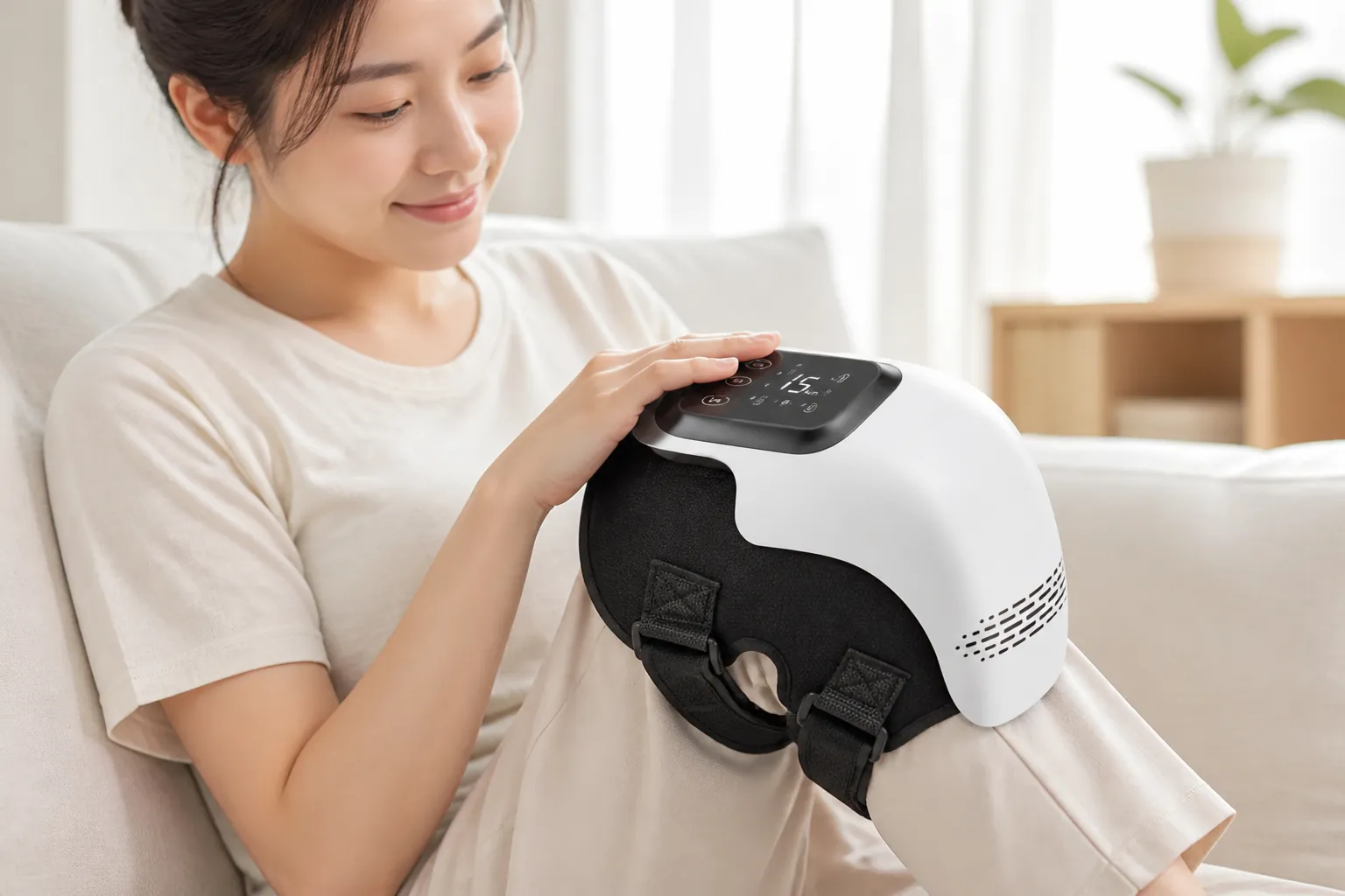 Step 3 illustration showing a relaxed person sitting comfortably while the knee massager works, with a peaceful expression and timer showing 15 minutes