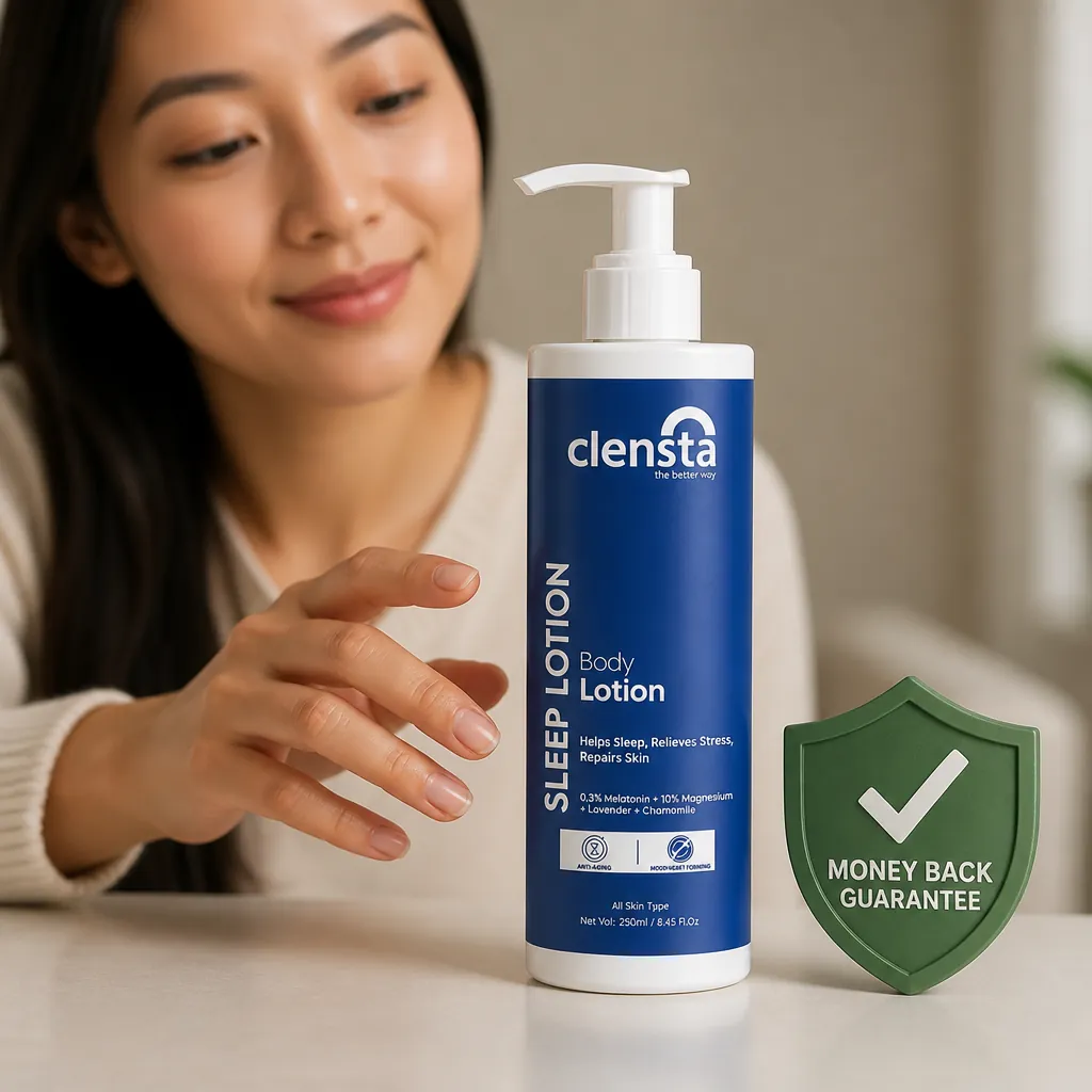 Green shield icon with checkmark symbolizing the money-back guarantee and trust in the sleep lotion product quality