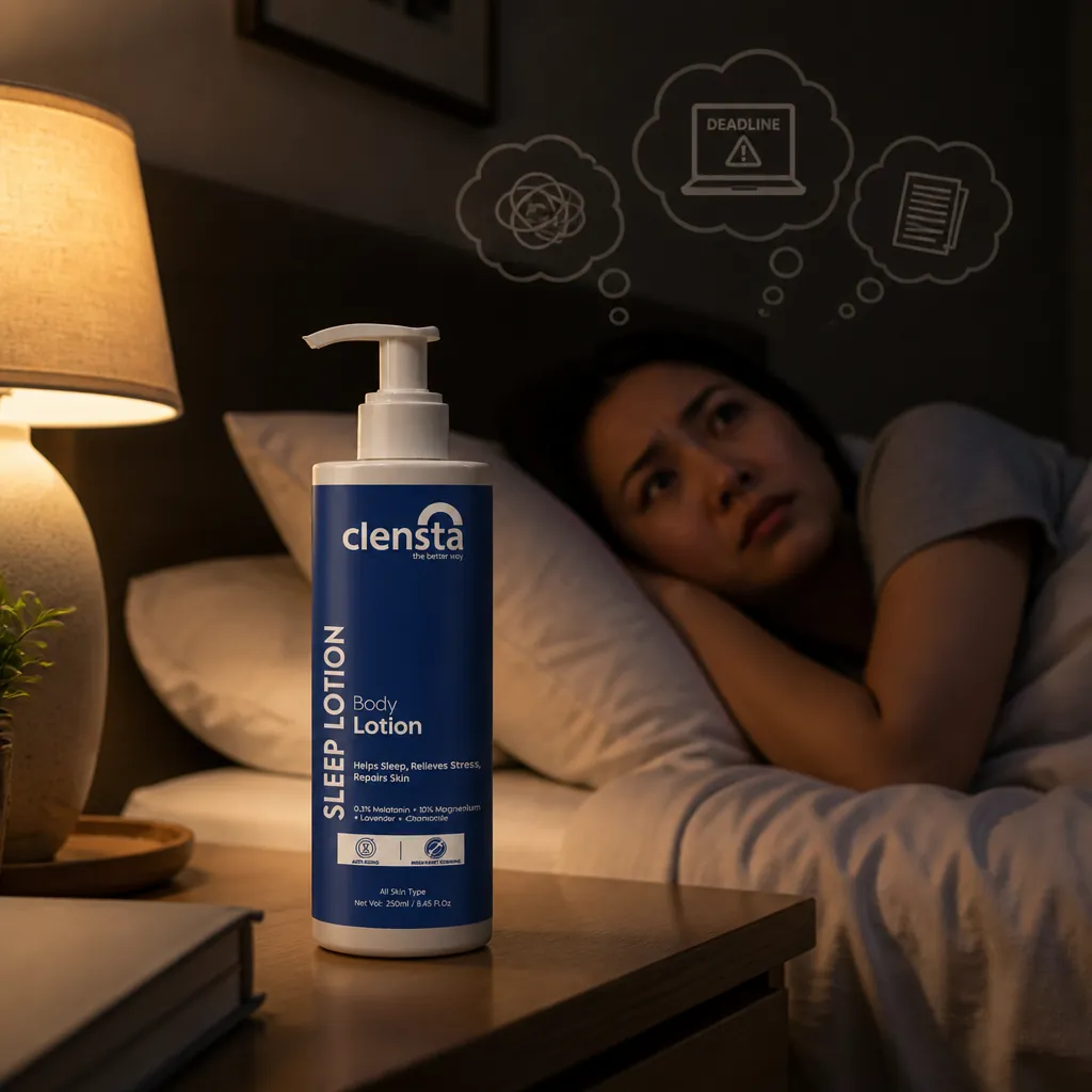 Exhausted woman tossing and turning in bed at night with thought bubbles showing stress, work deadlines, and anxiety symbols