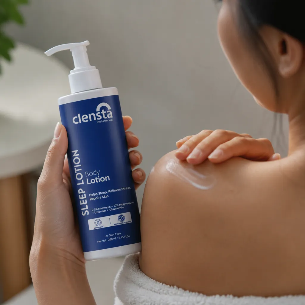 Person gently massaging sleep lotion into their skin with circular motions, showing the relaxing application technique