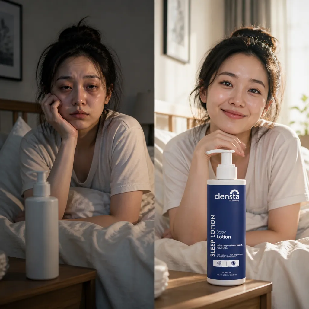 Split comparison showing exhausted person waking up with dark circles versus refreshed person waking up with glowing skin and smile after using sleep lotion