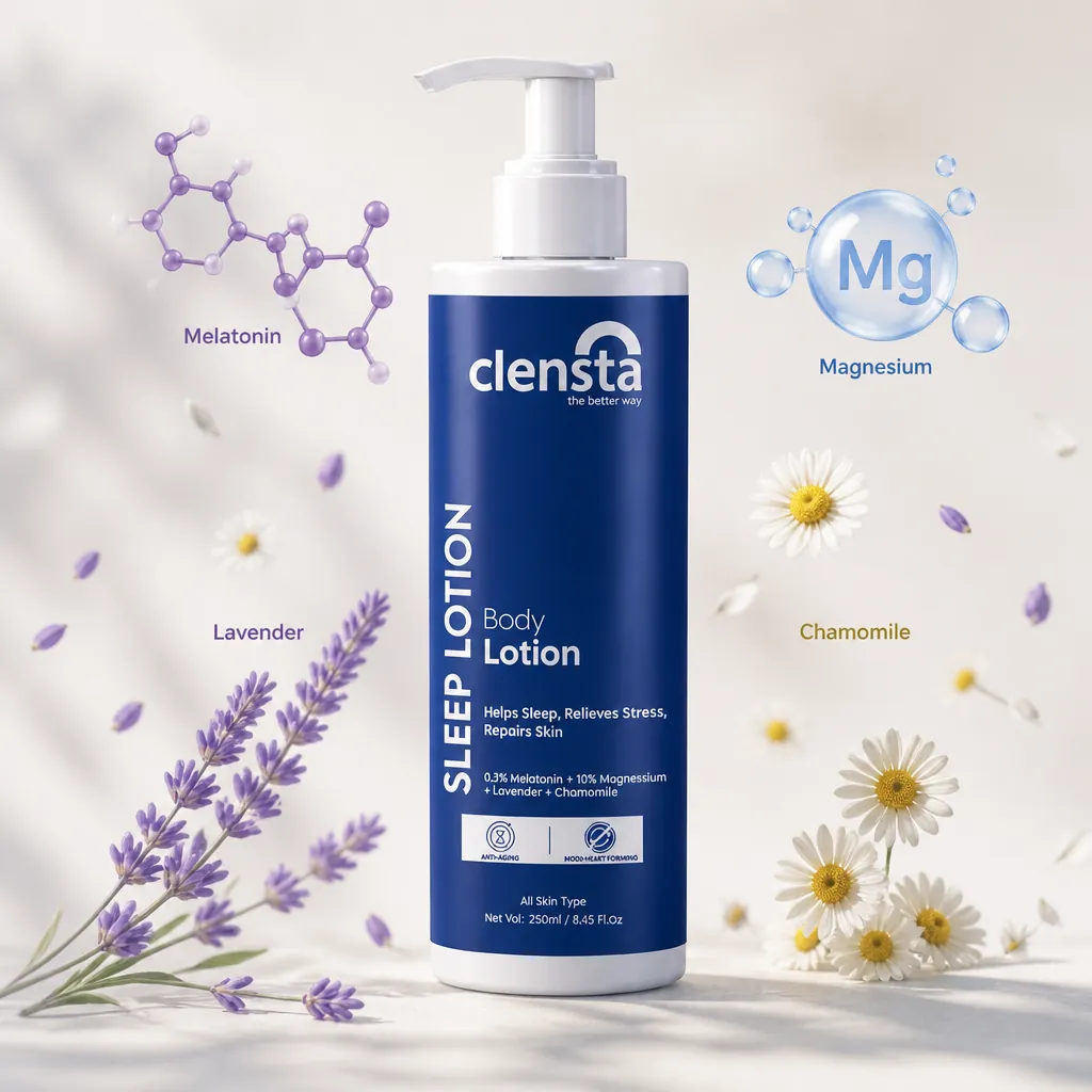 Elegant Clensta Sleep Body Lotion bottle with floating melatonin, magnesium, lavender and chamomile ingredient illustrations surrounding it