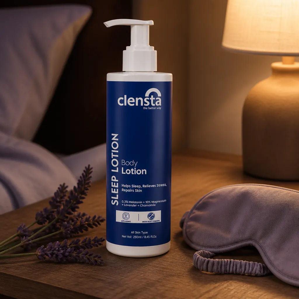 Clensta Sleep Body Lotion bottle on a serene nightstand with soft lighting, beside a lavender sprig and sleep mask creating a peaceful bedtime atmosphere