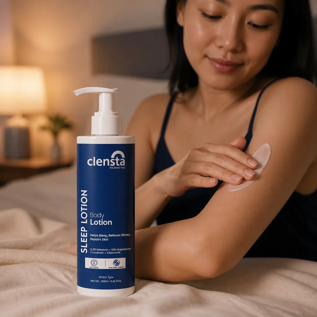 Woman applying smooth white sleep lotion to her arms in a relaxing bedroom setting with soft warm lighting