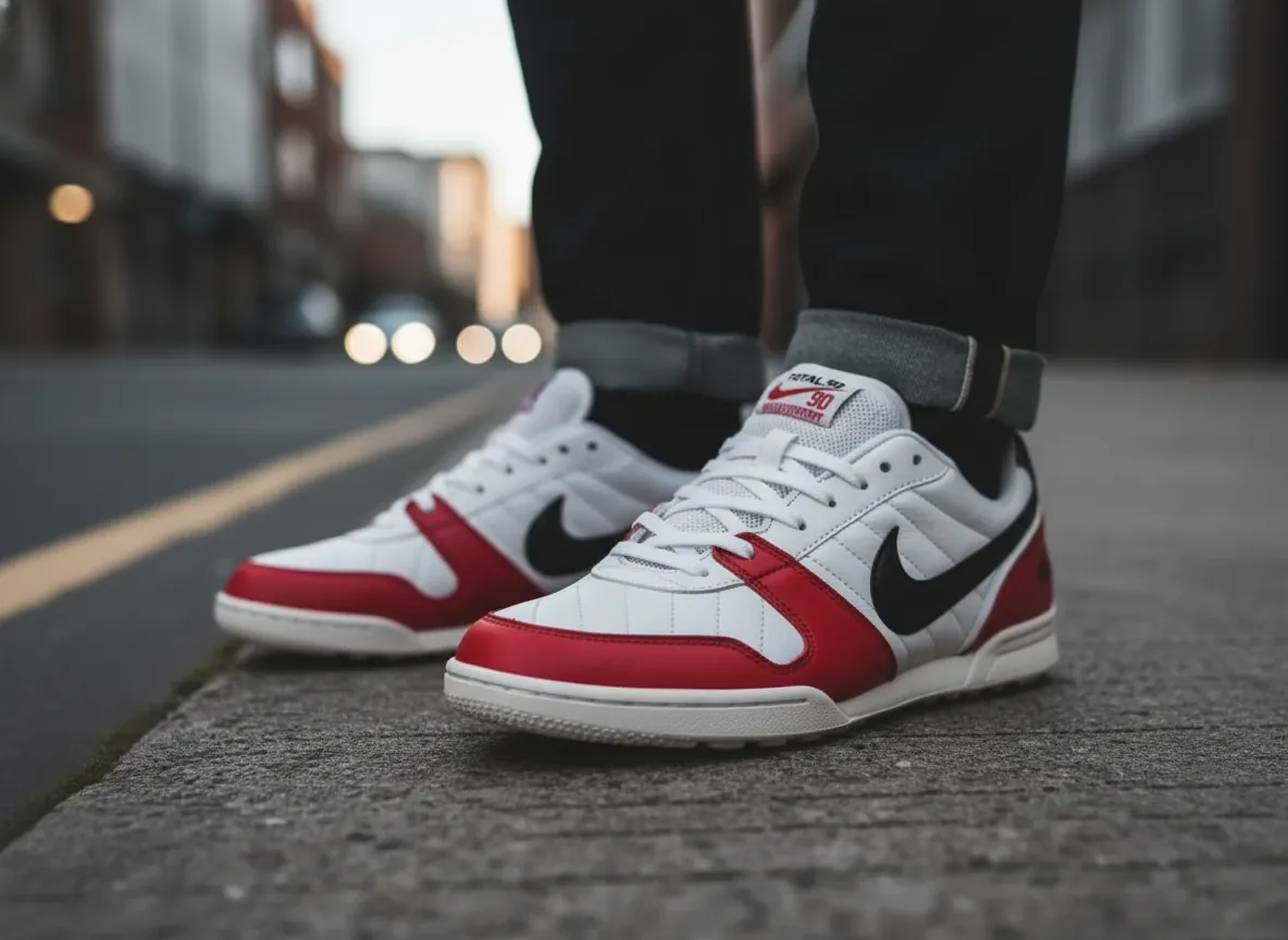 Nike Total 90 sneaker displayed in an urban street setting with dramatic lighting showcasing the quilted leather upper and heritage color palette