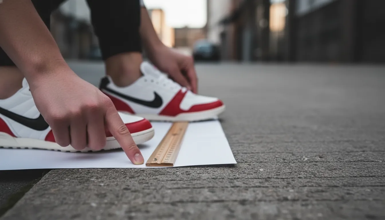 Illustration showing how to measure your foot length using a ruler and paper for accurate Nike Total 90 sizing