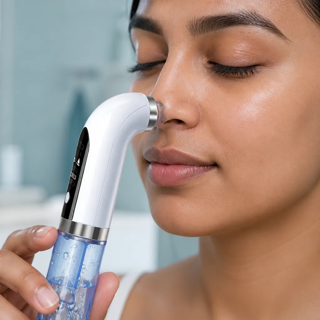 Blackhead vacuum device being gently moved across nose area, showing the suction process on cleaned skin
