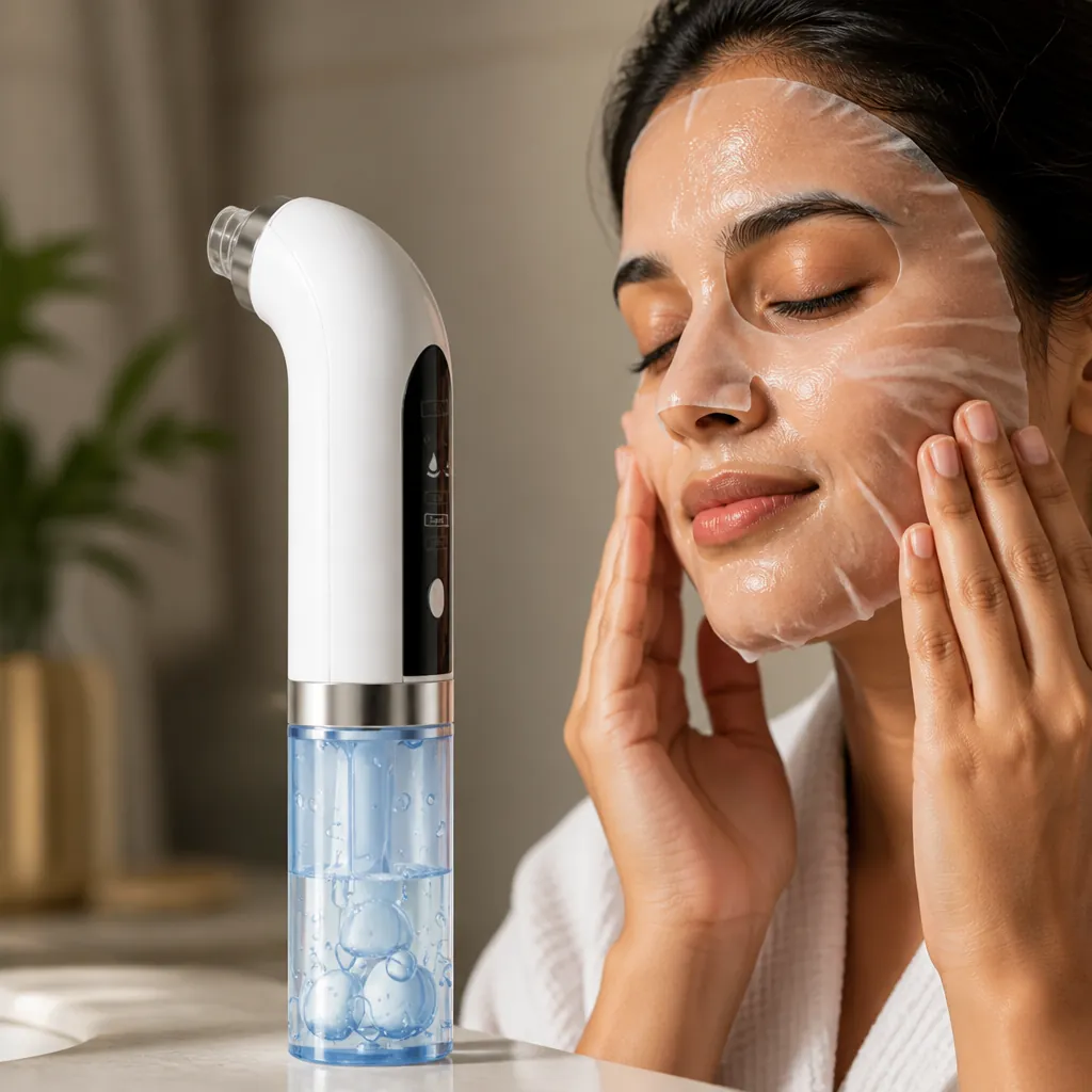 Person applying soothing sheet mask to face after treatment, relaxed and happy with clear skin